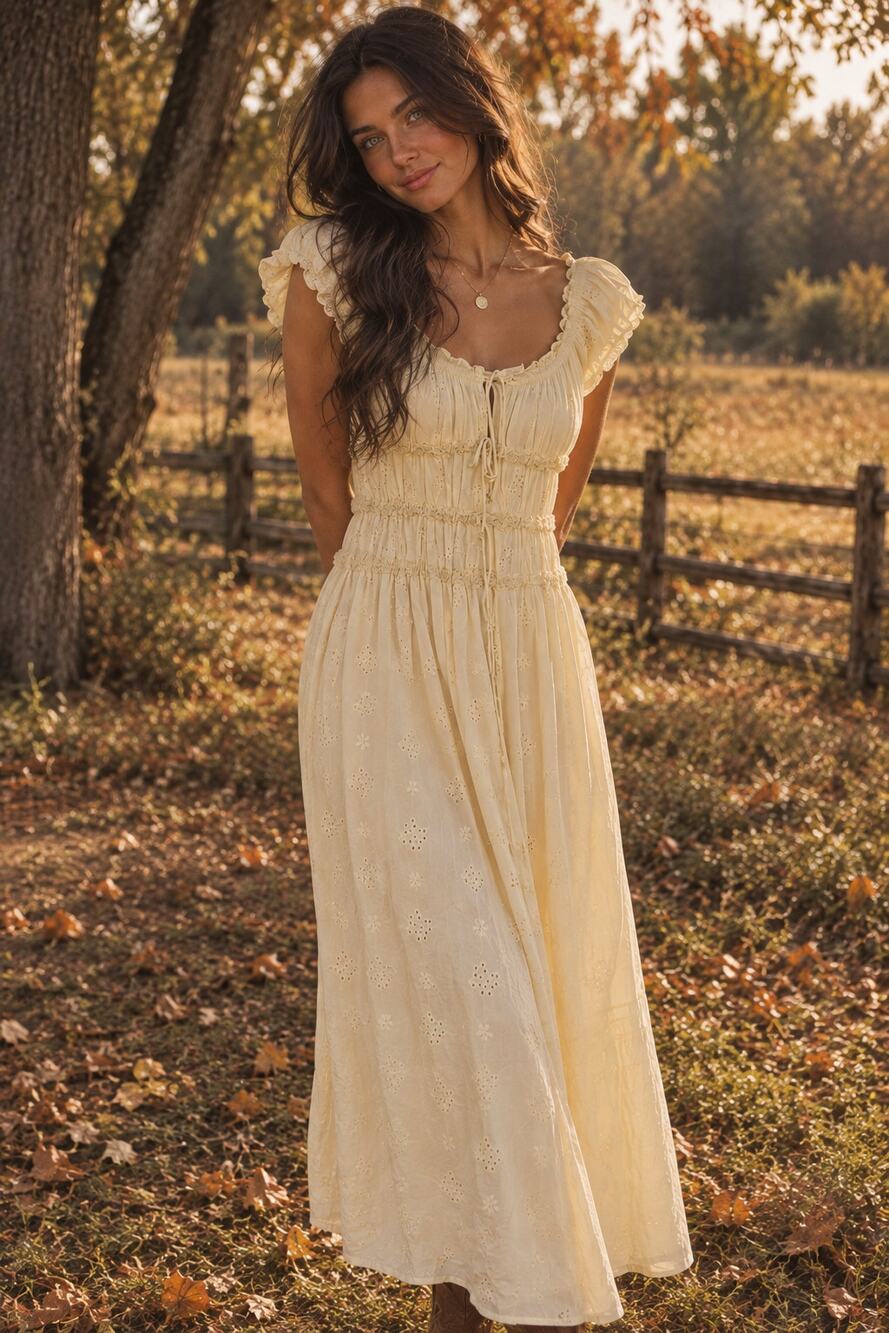 Sim & Sam Cottagecore Tiered Maxi Dress Butter Yellow Ruffle Sleeve Boho